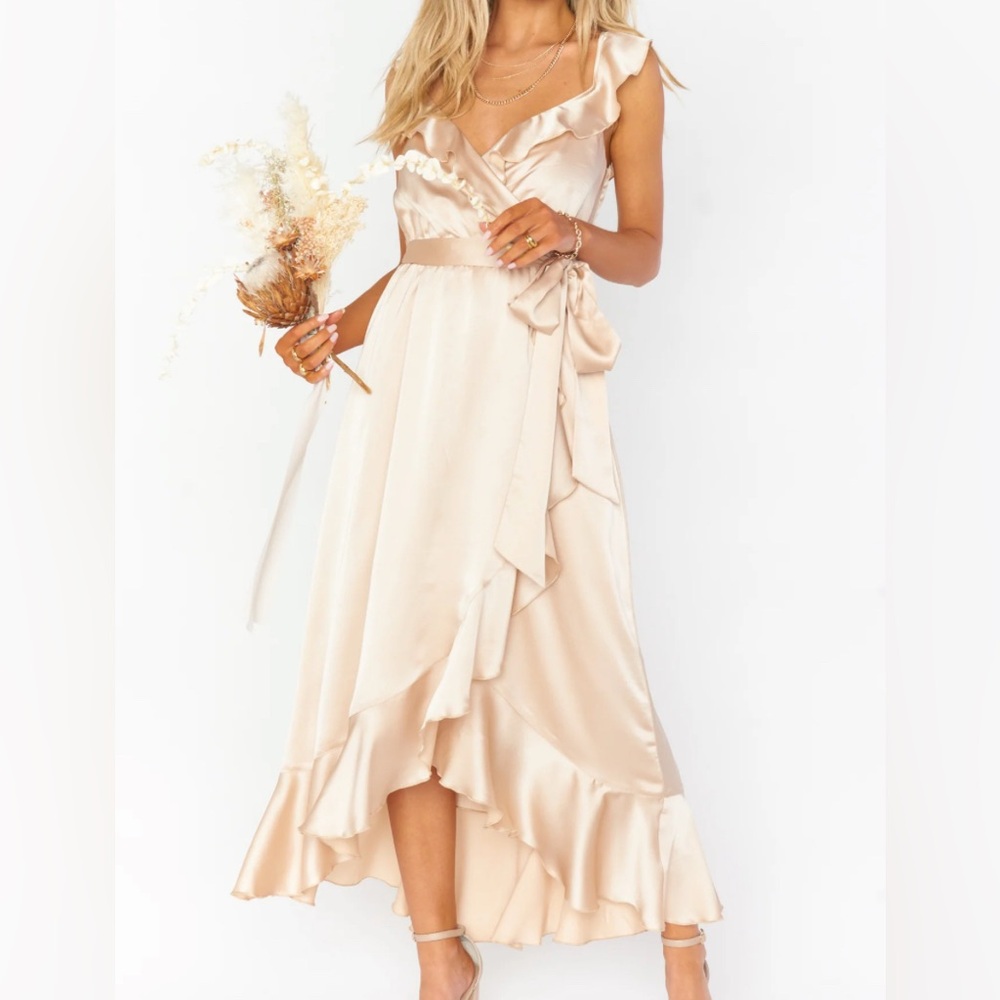 Champagne Luxe Satin Wrap Dress